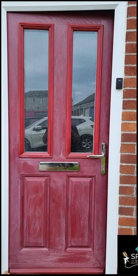 Red composite door — before respray, Plymouth
