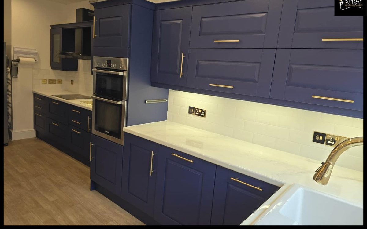Navy blue kitchen — after respray, Plymouth